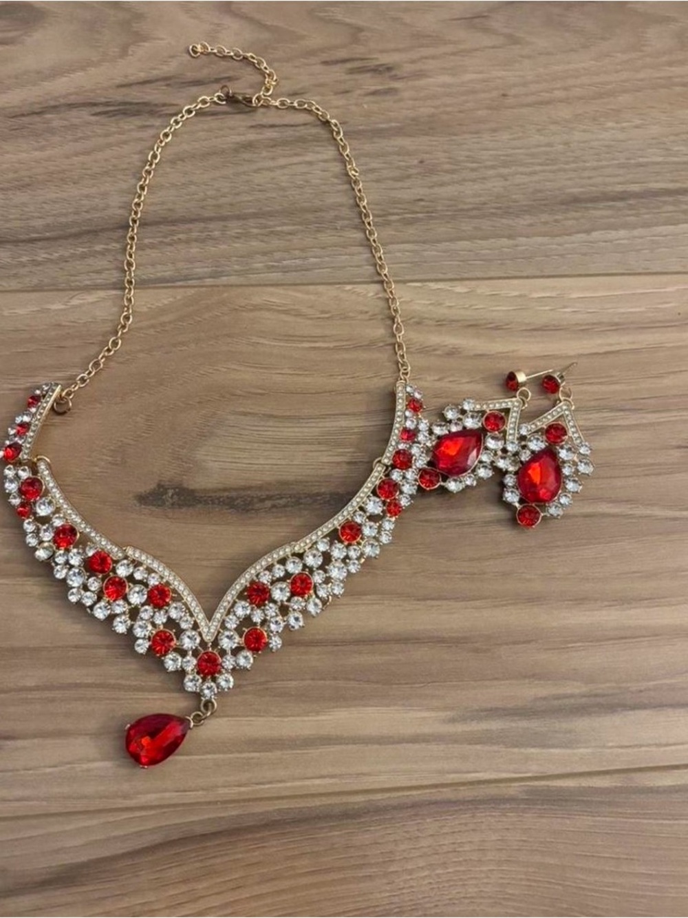 Red Crystal Statement Necklace and Earring Set